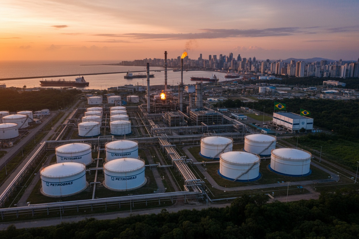 Vista aérea do amanhecer de uma refinaria industrial com grandes tanques de armazenamento cilíndricos brancos e a silhueta da cidade ao fundo.
