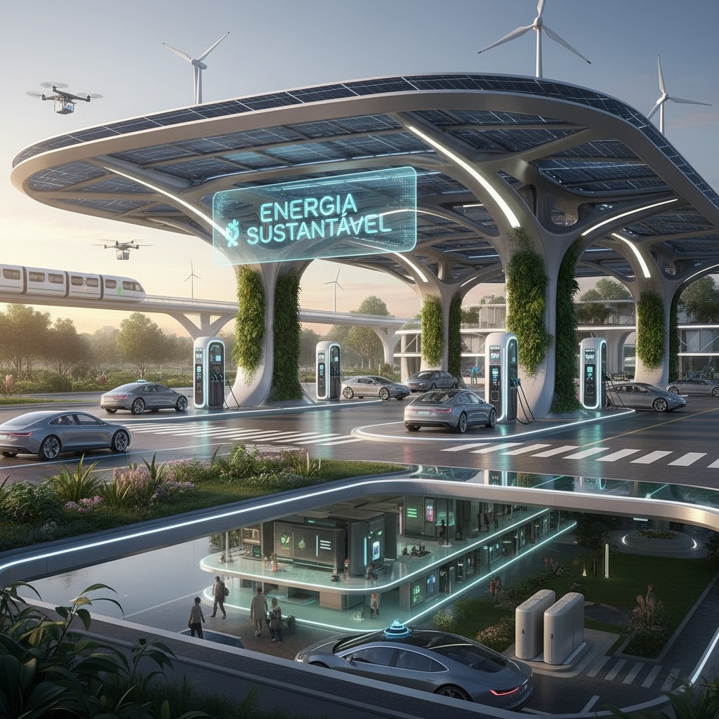 Posto de abastecimento futurista e ecológico, com painéis solares, turbinas eólicas e carros elétricos carregando sob uma grande estrutura coberta de vegetação.